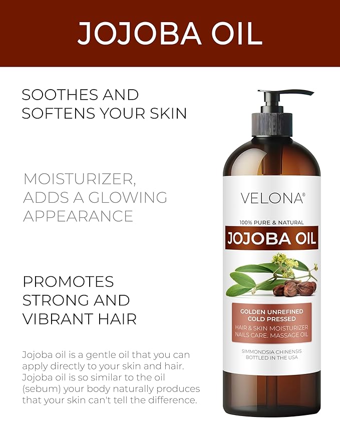 velona Jojoba Oil - 16 fl oz (With Pump) | 100% Pure and Natural | Golden, Unrefined, Cold Pressed, Hexane Free | Moisturizing Face, Hair, Body, Skin Care