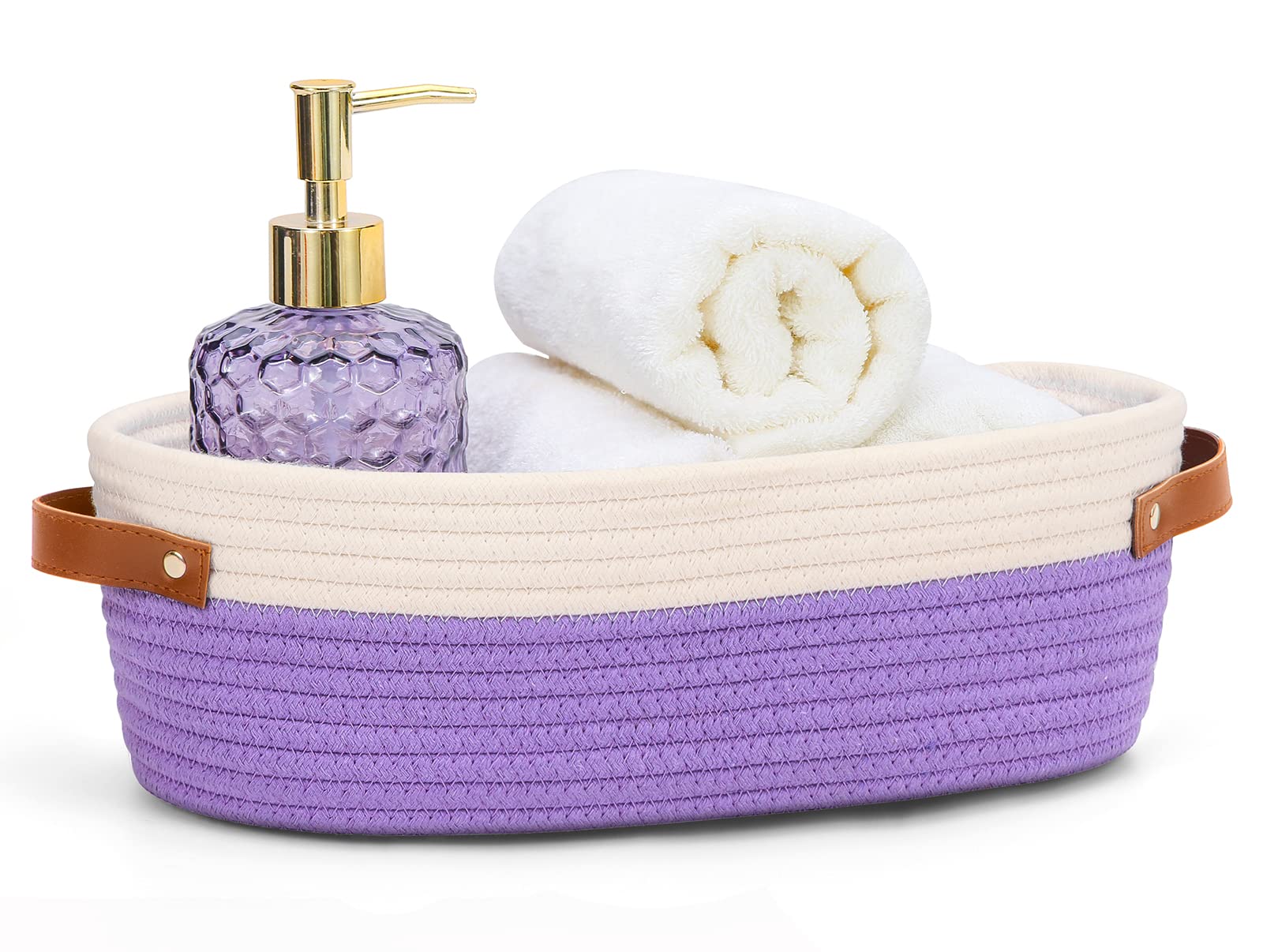 HLWDFLZ Bathroom Countertop Organizer Basket, Cotton Rope Woven Storage Basket Toilet Paper Decorative Basket for Bathroom, Bedroom, Living Room, Entryway 13"x6.3"x4.3" (Off White/Purple)