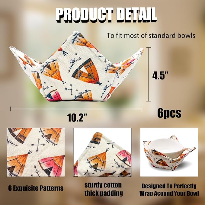 JounLoin Cotton Microwavable Bowl Cozy ，Set of 6，Microwave-Safe Hot Bowl Holders, Soup Bowl Cozy Hot Pads，Prevent Hand from Heat and Maintain Food Warm，Ideal Household Gift Store（A）