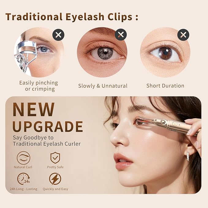 Heated Eyelash Curlers - 2 in 1 Electric Eyelash Curler & Eyebrow Trimmer for Women Best for Women's Makeup Tool Type C Rechargeable Natural Curling Easy for Beginners to Use (Gold-001)