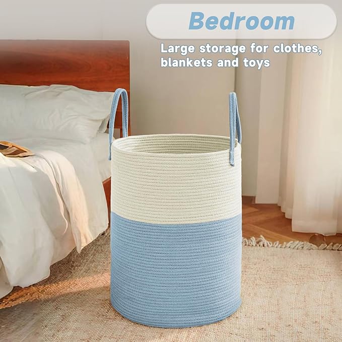JMvicyroam Large Woven Laundry Basket Hamper,60L Cotton Rope Storage Bin for Blankets,Toys and Clothes,Decorative Tall Nursery Hamper for Living Room,Baby Nursery,Bathroom and Bedroom,White and Blue