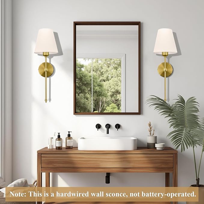 Bsmathom Wall Sconces Sets of 2, Hardwired Classic Brushed Brass Sconces Wall Lighting, Bathroom Vanity Light Fixture with Fabric Shade for Bedroom Living Room Hallway Kitchen, Bright Gold