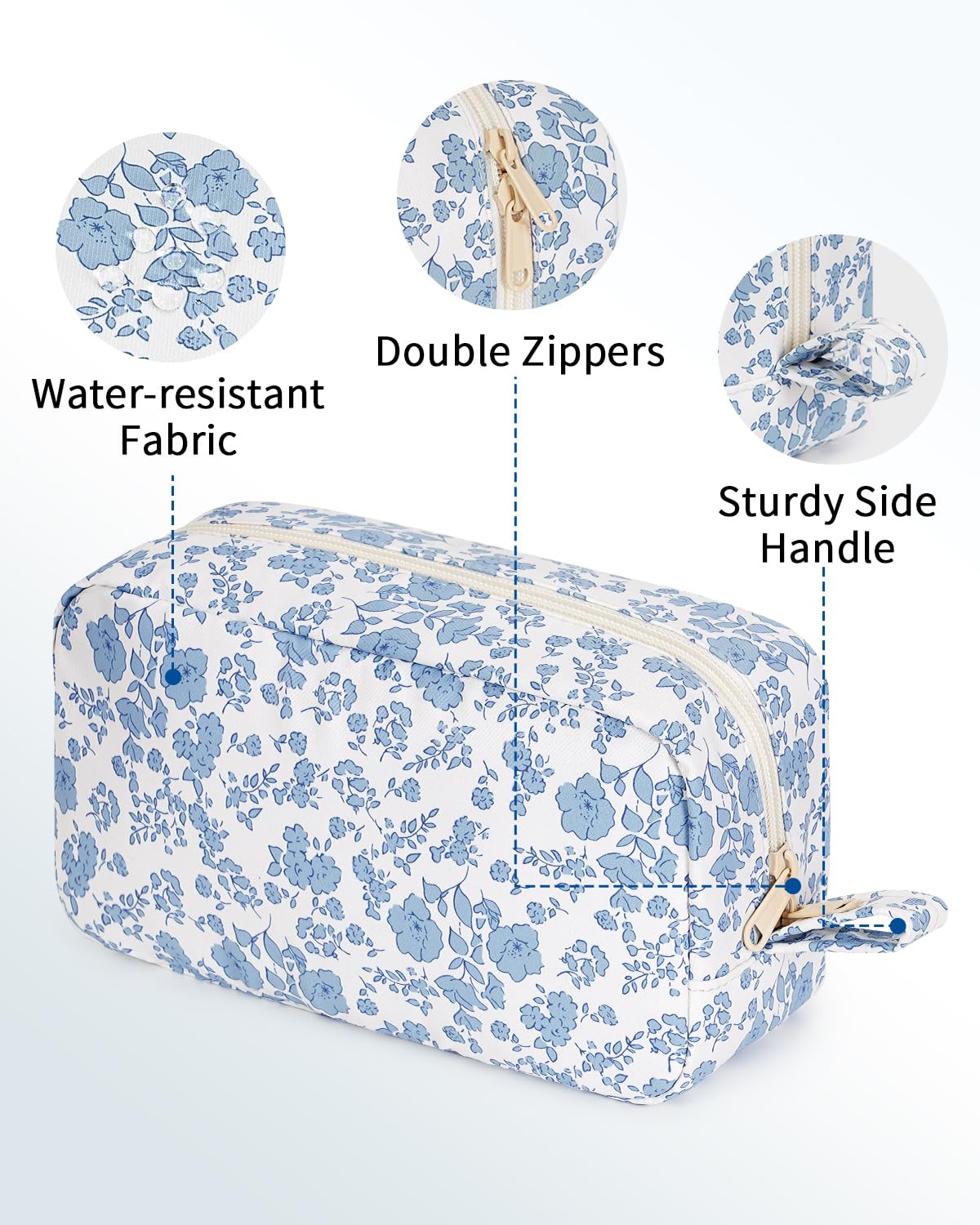 Narwey Cute Makeup Bag Small Toiletry Bag Travel Cosmetic Bag Organizer Make Up Bags with Organized Pockets for Women (Blue Flower, Large)