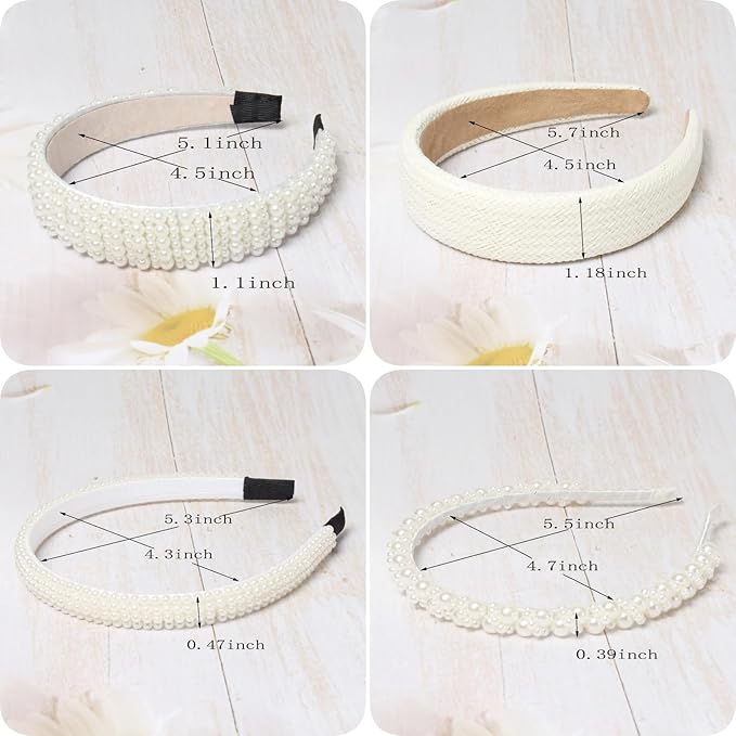 Cuizhiyu Pearl Headbands for Women Girls Wide Padded Straw Headband Cute White Pearl Dainty Headbands Bling Wedding Hairbands Hair Accessories Pack of 5 (Color B)