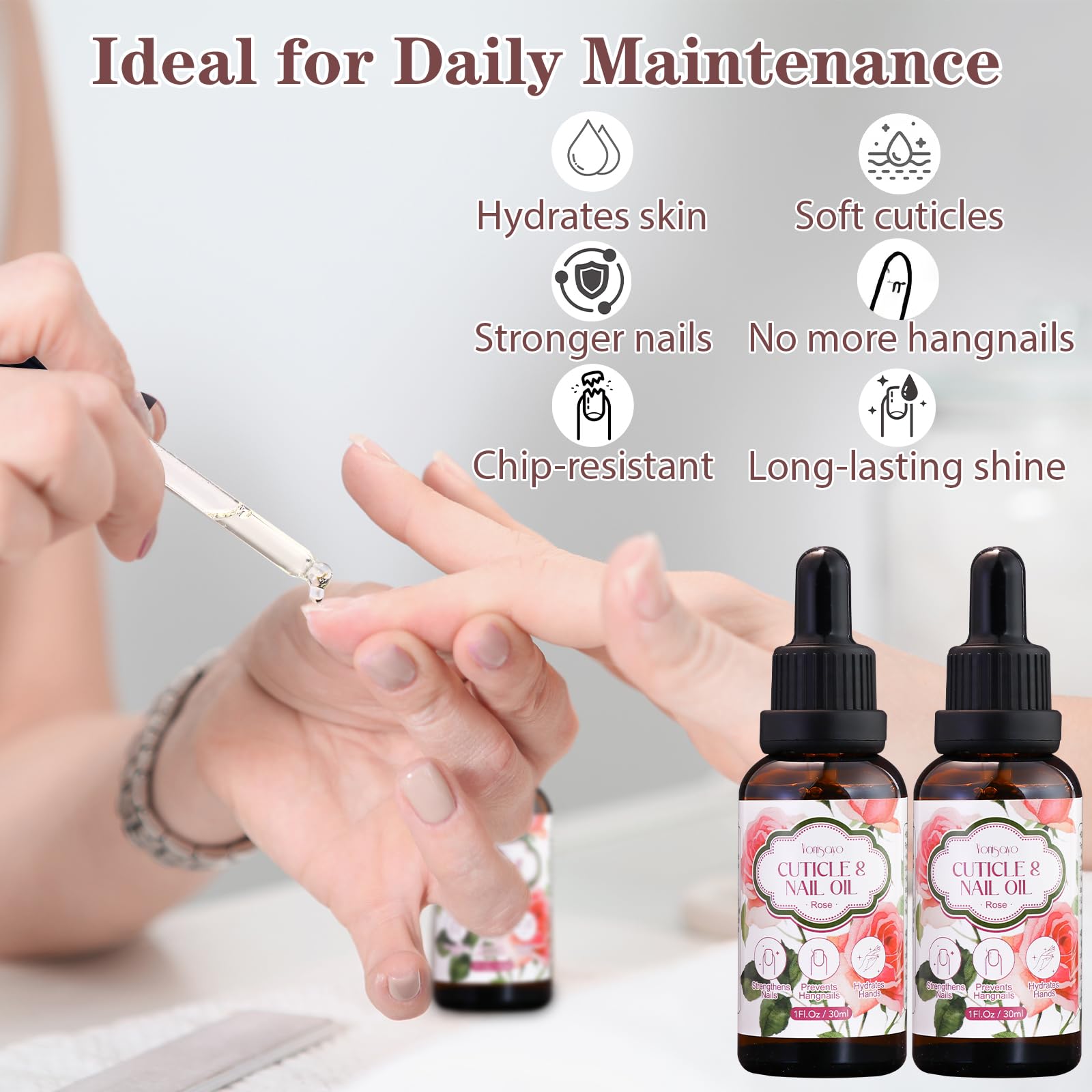 yonisayo 3 in 1 Cuticle Oil, 3 Pack Rose Nails Care Oil to Strengthen Brittle Nails, Hydrate Dry Cuticles & Soften Hands, Fast-Absorbing