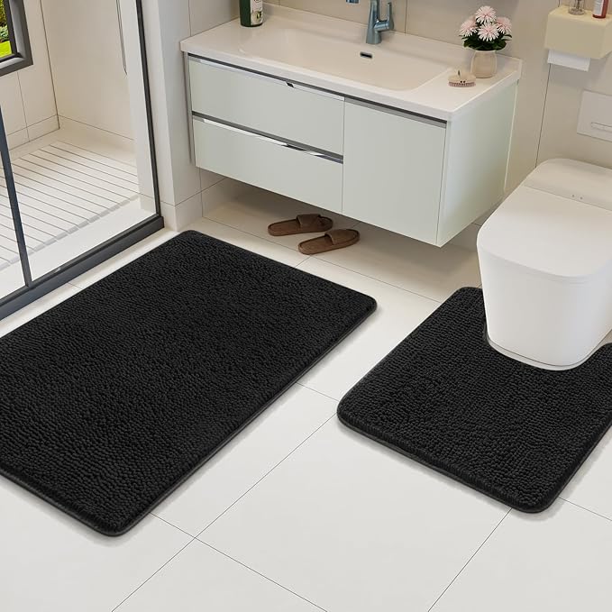 AROGAN Bathroom Rug Sets 2 Piece, 20"x20" U-Shaped Toilet Mat and 21"×34" Floor Bath Mats, Machine Washable Bath Rug Set, Absorbent and Dry Quickly, Soft Non Slip Bathroom Rug Set, Black