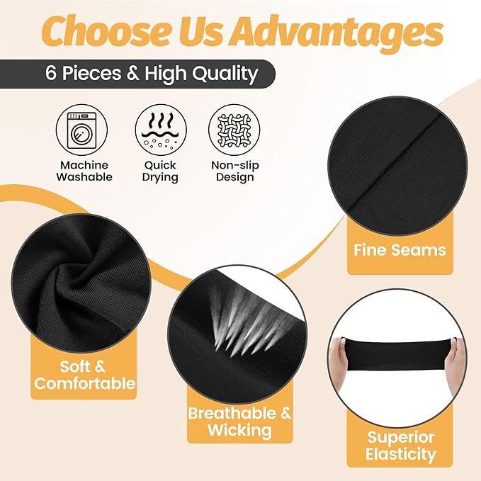 Headbands for Women - 6 Pack Wide Elastic Hairbands | Ultra-Soft Moisture Wicking Sports Headband | Non-Slip Accessories Bands for Fashion, Workouts, Yoga, Daily Use (6 Pack Black)