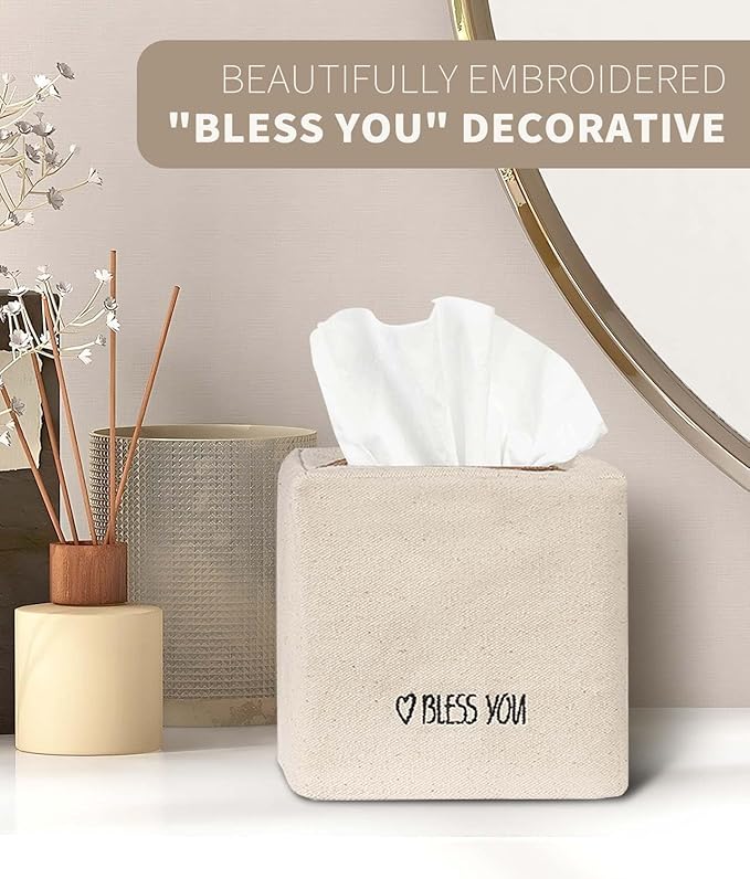 Livelab Tissue Box Cover Square, Chic Canvas Tissue Box Holder with Embroidery Text Decor, Stylish Tissue Case Facial Paper Cube Cover for Your Home, Officce and Bathroom | Ivory