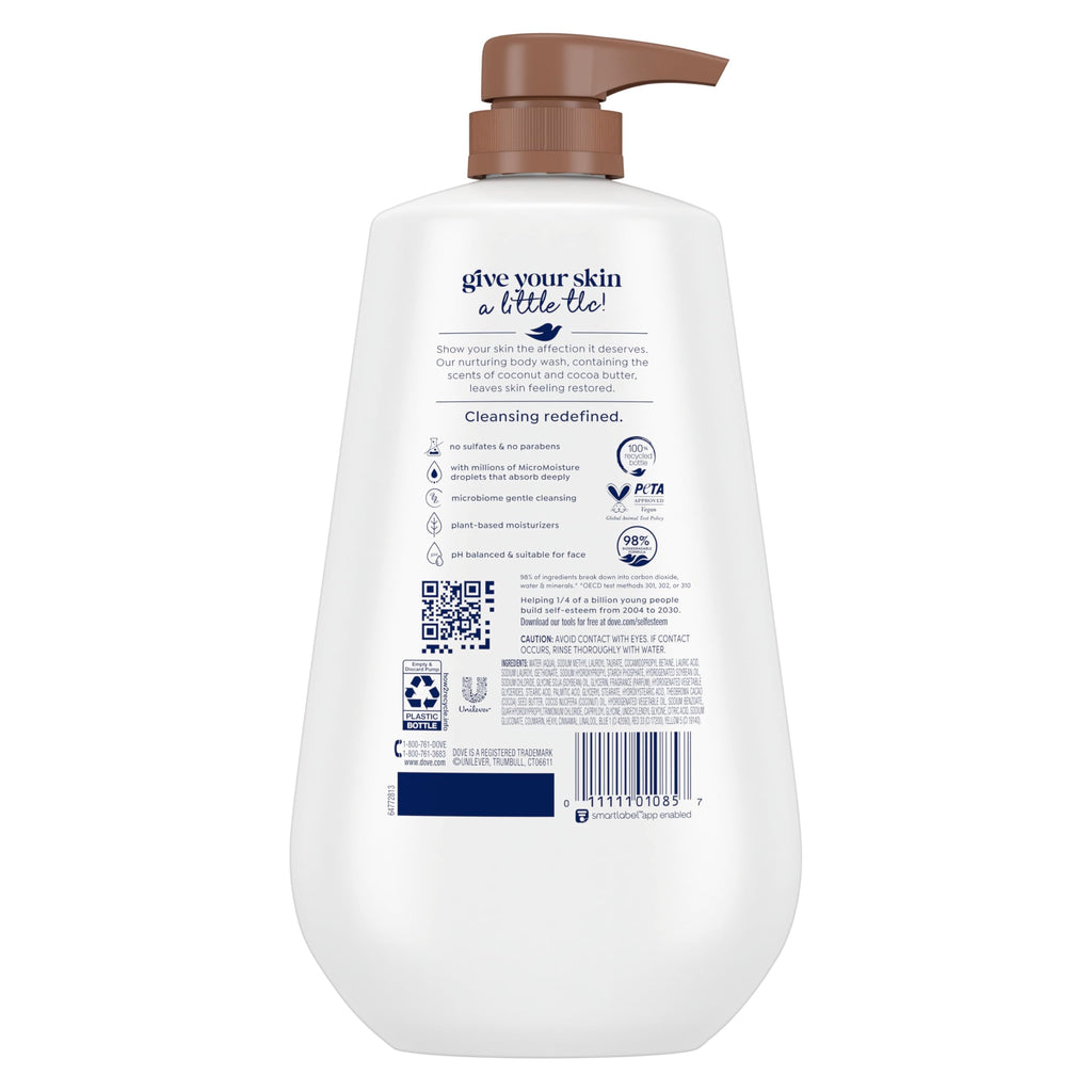 Dove 24hr Lotion Body Wash Restore Coconut & Cocoa Butter, 30.6 oz | Moisturizing body wash with MicroMoisture for 24-hour hydration and soft skin
