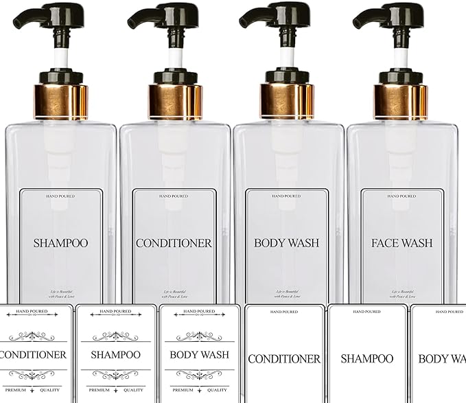 EZPRO USA Empty Plastic Square Bottles Pump Shampoo Conditioner Body Wash Face, in Shower Bathroom Dispenser, Waterproof Permanent Labels, 27oz 800ml Set of 4 (Clear Plastic, Gold Black Pump)