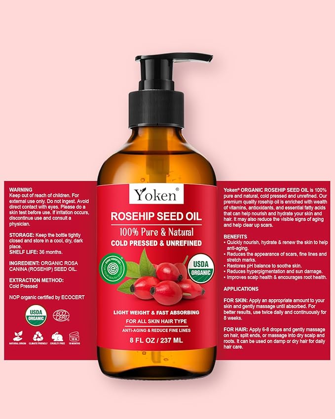 Yoken Organic Rosehip Seed Oil for Skin & Hair, Cold Pressed, 8 fl oz