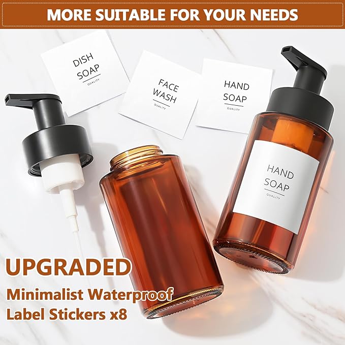 Amber Foam Soap Dispenser, 10 oz/300ml Glass Foaming Soap Dispenser, 4 Pcs Foaming Hand Dispenser for Bathroom & Kitchen, Refillable Bottle with Waterproof Labels