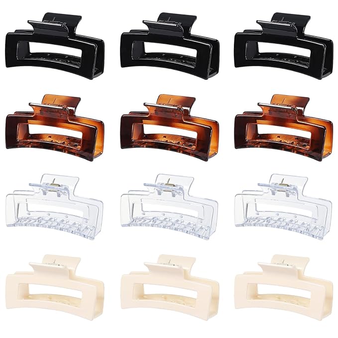 Sisiaipu 3.5 Inch Medium Square Claw Hair Clips, 12 Pcs Transparent, Amber, Glossy Black for Thick and Thin Hair - Hair Accessories for Women and Girls