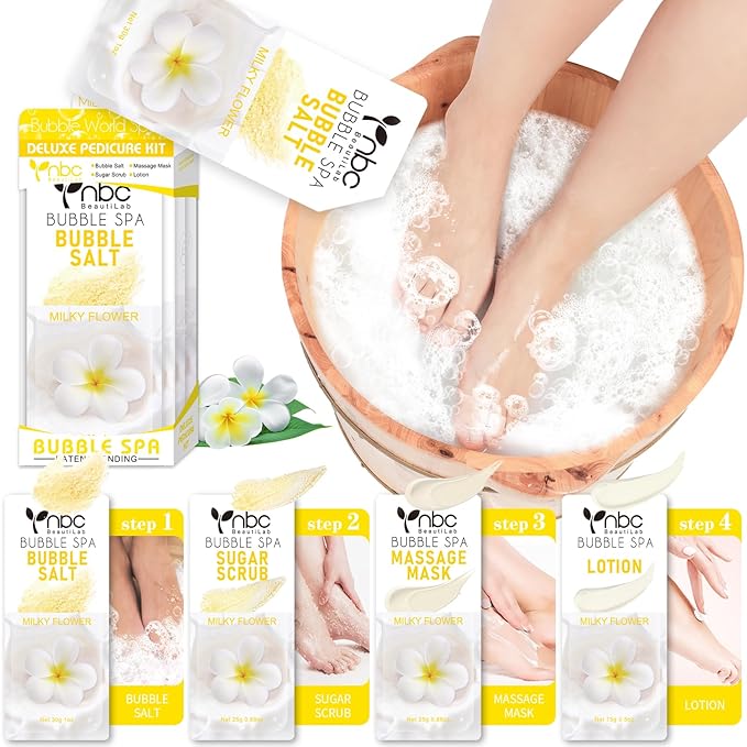 nbc BeautiLab Pedicure Kit Foot Soak Set: Bubble Salt, Sugar Scrub, Massage Mask, Massage Lotion in a Box, 4 Step Foot Spa Kit for Dry Feet, Calluses and Tired Feet(1 Set Milky Flower)