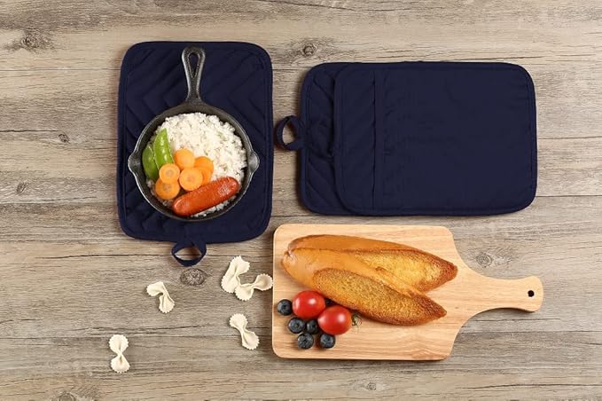 VEIKERY Oven Pot Holder with Pocket Cotton Heat Resistant Coaster Potholder Kitchen Hot Pad Oven Mitts for Cooking Square 7"x9"Set of 5 (Navy Blue)