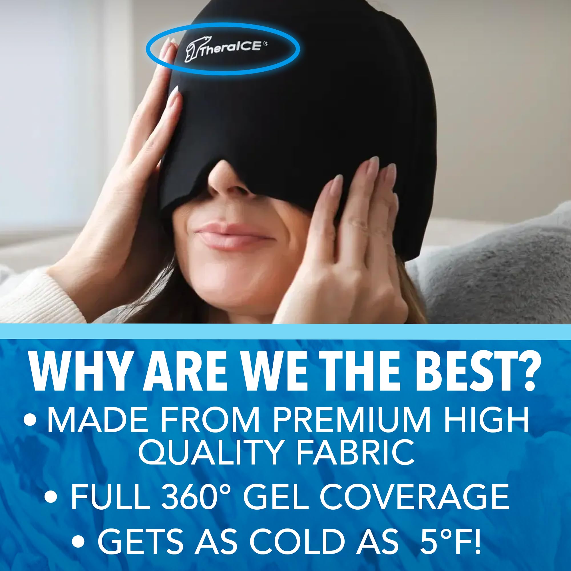 TheraICE Migraine Relief Cap PRO, Headache Hat Ice Pack Mask Cold Head Wrap