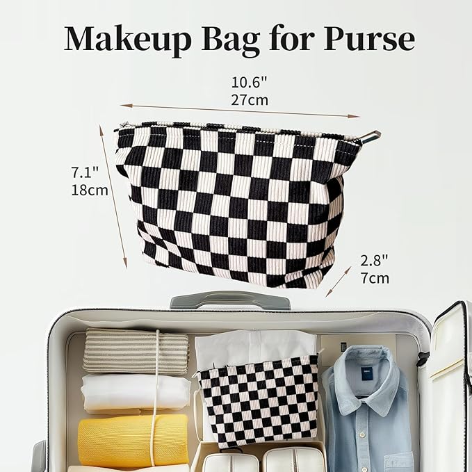 itgowisa Black and White Checkerboard Makeup Bag, Travel Makeup Pouch Purse