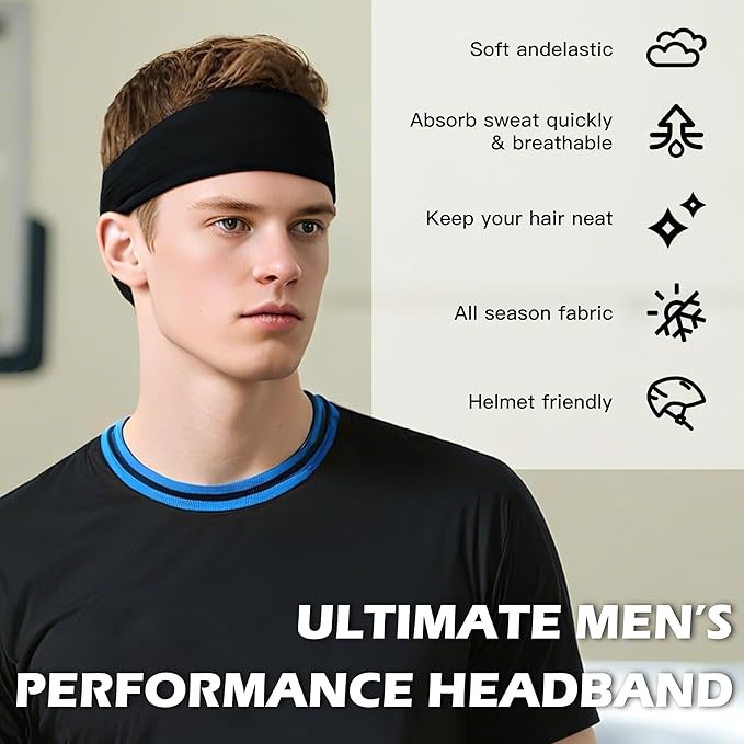 Sport Headbands for Men 6 Pack, Summer-Exclusive Lightweight Elastic Soft Fabric Non-Slip Men Hair Bands Hair Warp Running Cycling Sports Tennis Basketball Daily Workout