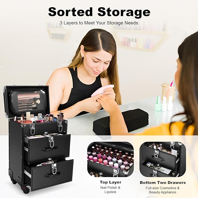 SuiYuLn Lockable Makeup Train Case,110lbs Rolling Hairdressing Trolley,Beauty Salon Cosmetic Luggage with Universal Wheels for Hair Stylist,Make-up Artists,Hairdressers (Black 5)