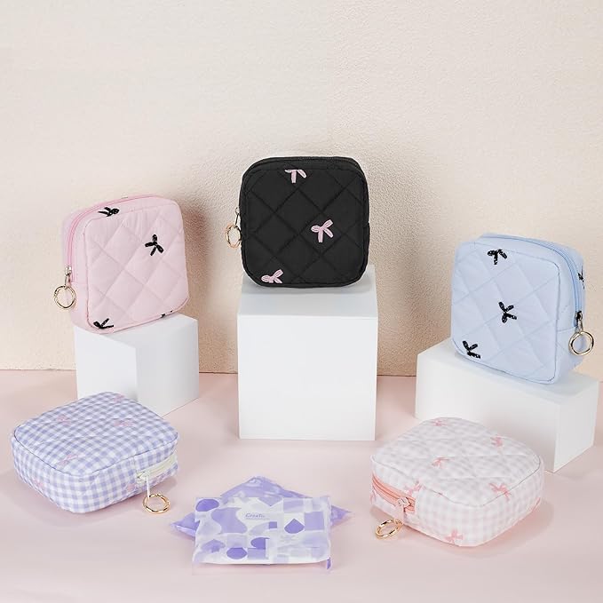 Playexen Period Bag for Teen Girls, Quilted Sanitary Napkin Storage Bag, Cute Bow Tie Menstrual Pad Pouch Tampon Holder (Blue)