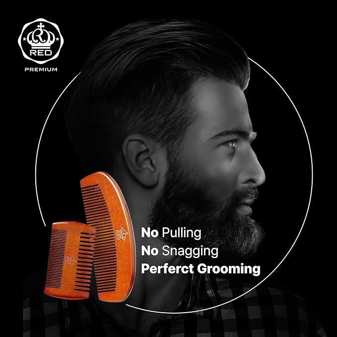 RED by Kiss Premium Wood Men Long Beard Comb, Easy Detangling and Styling, Durable Design for Gentle Beard Hair & Mustache Grooming Essential, No Snagging & Pulling, Maximize Conditioning