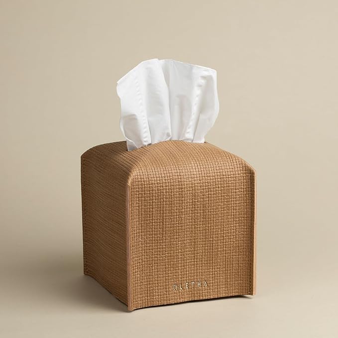 OLETHA Square Tissue Box Cover - Aesthetic Desk Decor for Room, Home & Office - Tissues Cube Boxes Holder - Raffia Embossing, Wheat