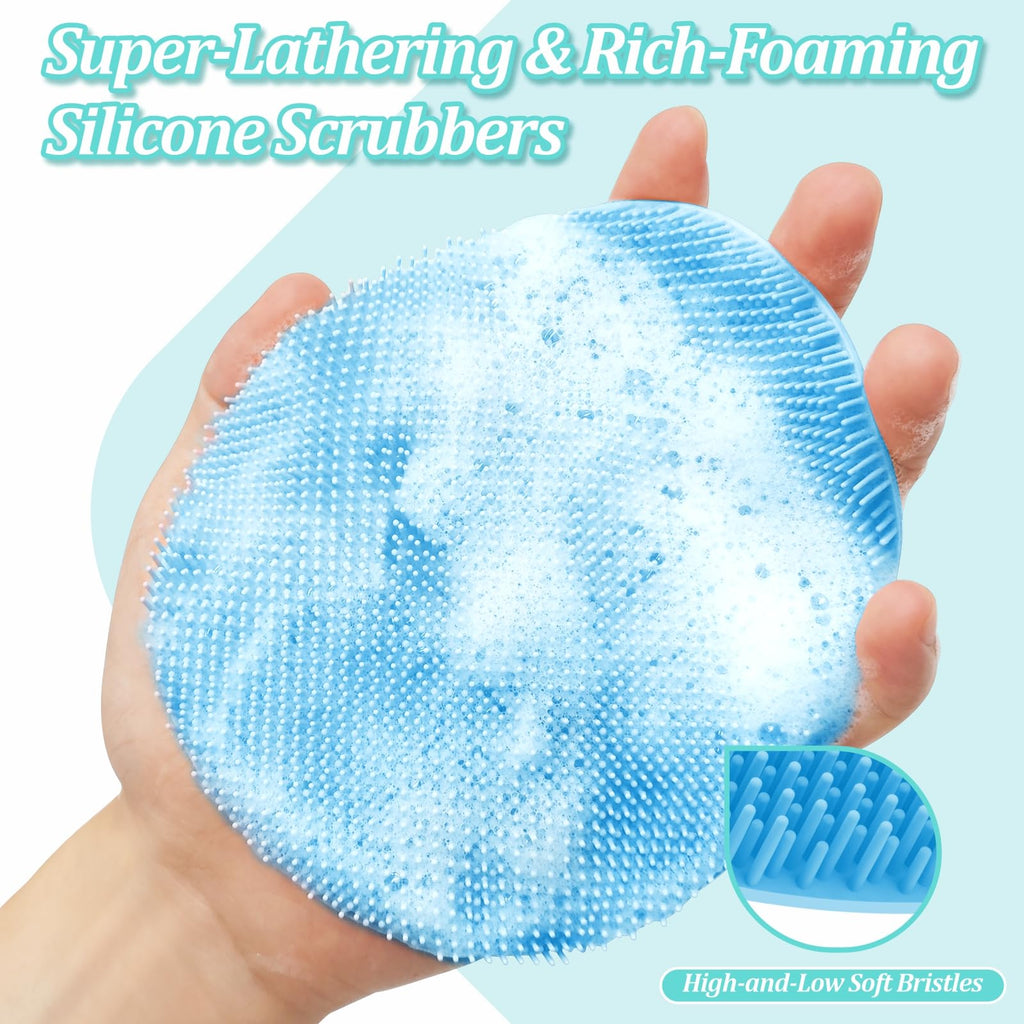 GEENOA New Silicone Bath Glove with Straps, 360° Anti-Slip & Enlarged Exfoliating Body Scrubber for Rich Foaming Deep Cleaning, No-Grip & Hand-fit Shower Scrubber for All Skin Types(Black+Blue)