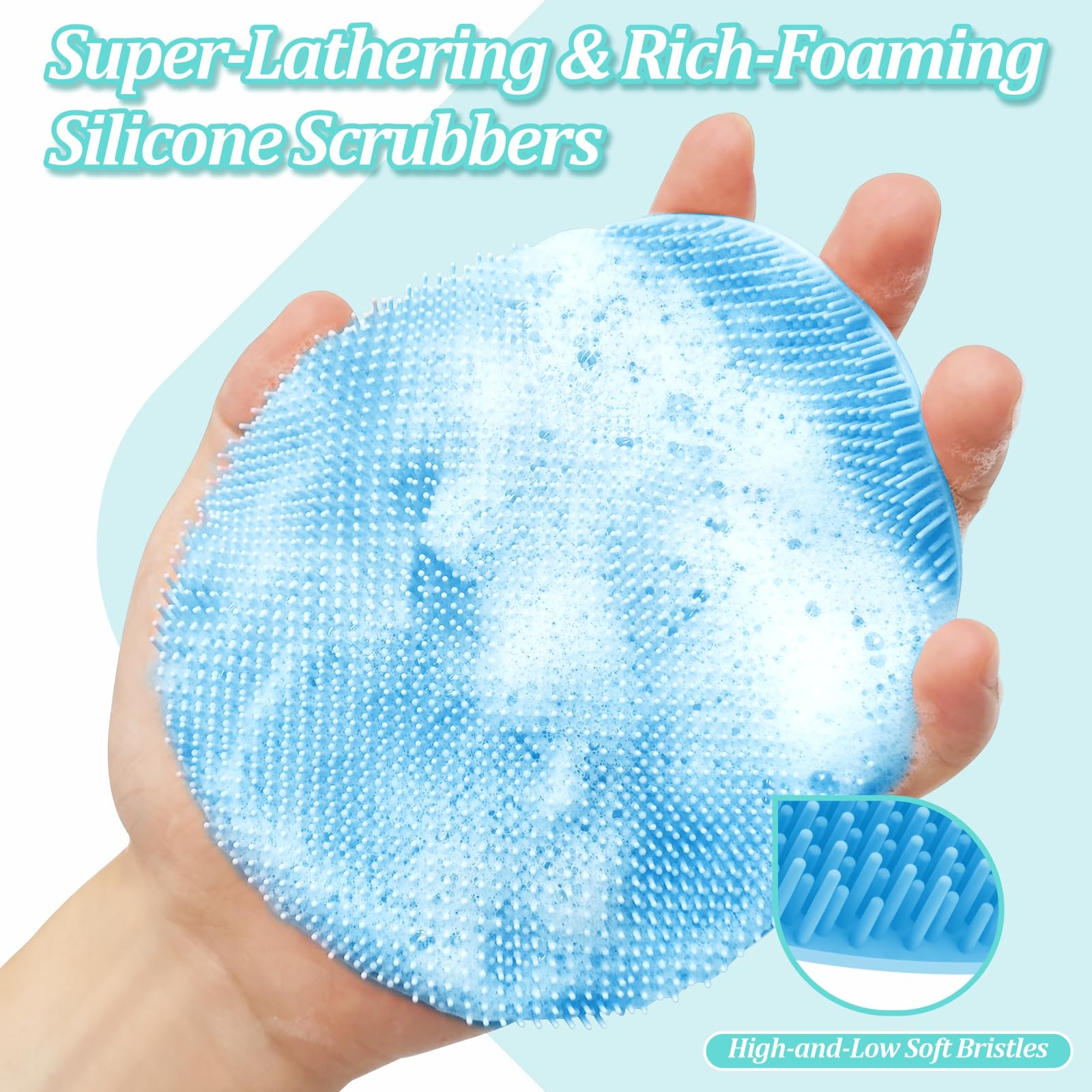GEENOA New Silicone Bath Glove with Straps, 360° Anti-Slip & Enlarged Exfoliating Body Scrubber for Rich Foaming Deep Cleaning, No-Grip & Hand-fit Shower Scrubber for All Skin Types(Black+Blue)