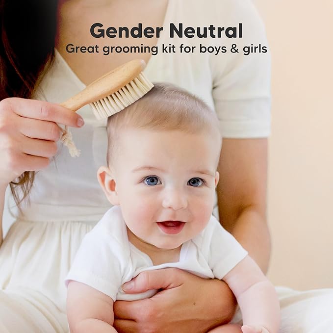 Wooden Baby Hair Brush - Cradle Cap Baby Brush with Soft Goat Bristles, Perfect Gentle Scalp Newborn Comb for Infant, Girls, Boys, Bath Essentials (Walnut, Petite)