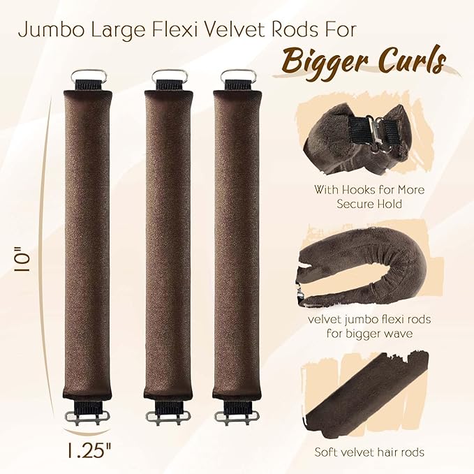 RBNN Heatless Hair Curlers, Satin Foam Rollers, Overnight Curling Rods for Long Hair, 5 Count (Brown)