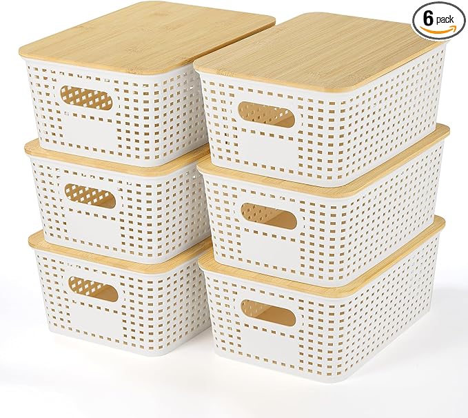 Ohmlove Plastic Storage Baskets With Bamboo Lid - Plastic Storage Containers Stackable Storage bins: Storage Baskets for Organizing Shelves Drawers Desktop Closet Playroom Classroom Office