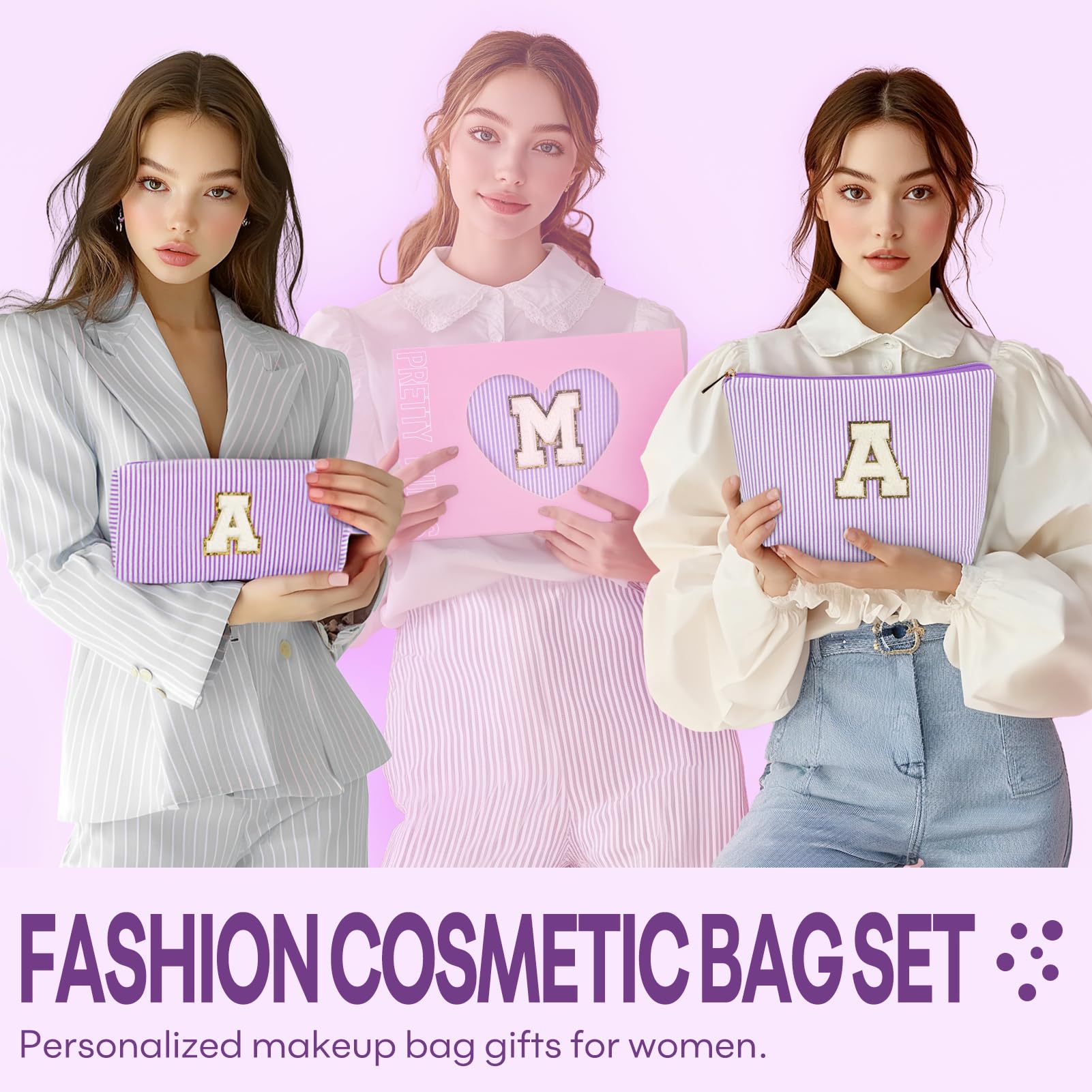 2 PCS Initial Makeup Bags for Women: Cosmetic Bag for Travel Toiletry - Birthday Gifts for 11 12 13 14 15 16 17 18 Years Old Girl Graduation Teacher Gift- Teen Girl Gifts Trendy Stuff - Purple H