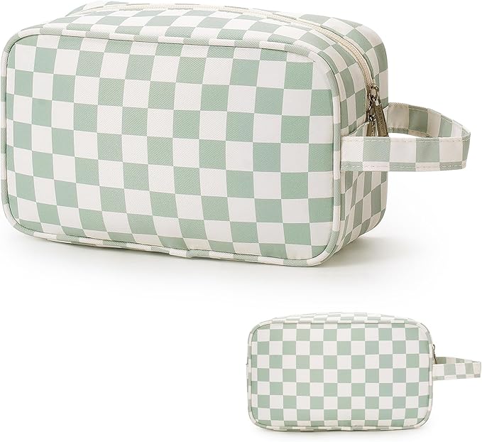 Narwey Travel Toiletry Bag for Women Traveling Dopp Kit Travel Bag for Toiletries Cosmetic Bag Makeup Bag Medicine Bag for Traveling (Mint Green Checkerboard)