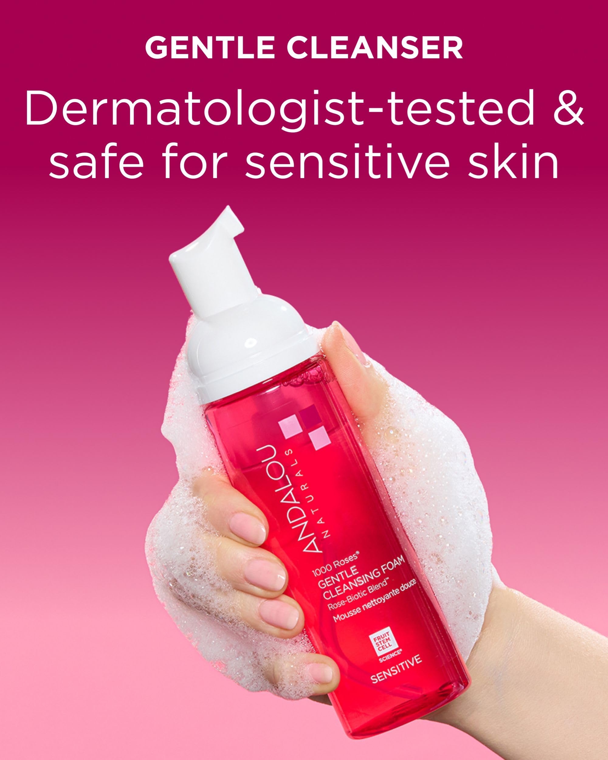 Andalou Naturals 1000 Roses Gentle Cleansing Foam | Foaming Face Wash with Rose Stem Cells & Organic Aloe Leaf Juice | Hydrating Daily Cleanser for Sensitive Skin | 5.5 fl oz