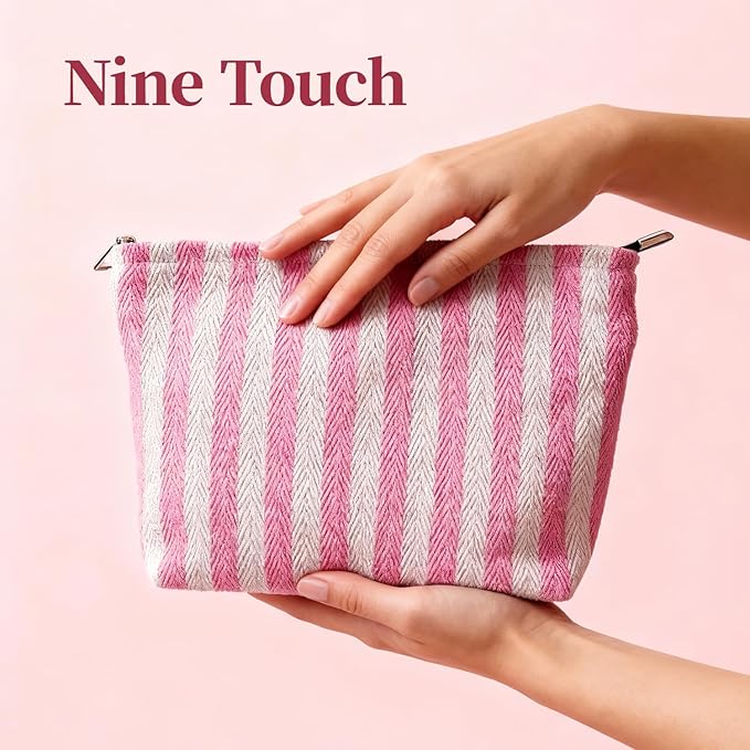 itgowisa Pink Striped Makeup Bag, Travel Makeup Pouch for Women, Purse