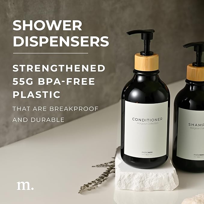 Shampoo and Conditioner Bottles Set of 3 Black Bamboo – Shower Shampoo Dispenser – Hotel Style Bathroom Upgrade by MaisoNovo
