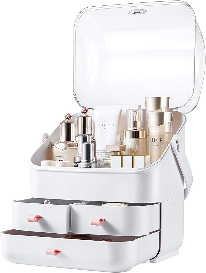 SUNFICON Makeup Organizer Cosmetic Organizer Makeup Storage Holder Box Crystal Clear Lid w Handheld 3 Drawers Dustproof Waterproof for Vanity Bathroom Countertop Birthday