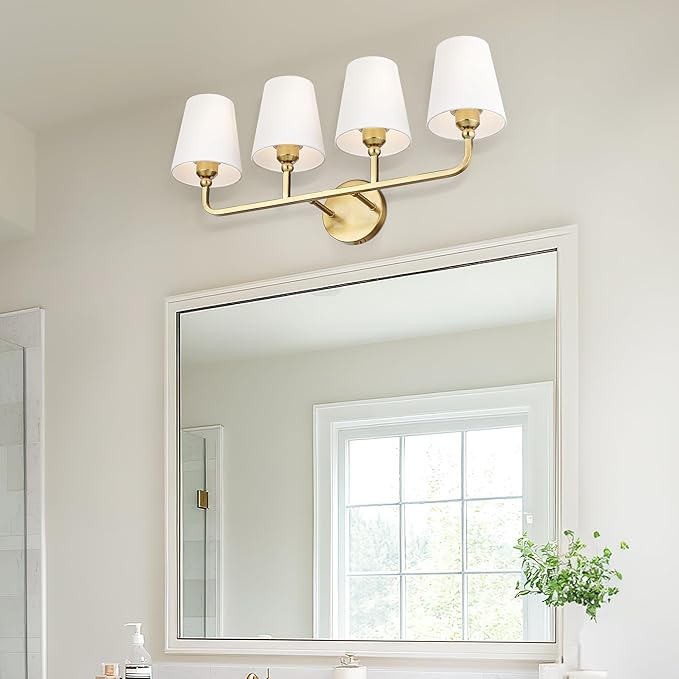 Bathroom Light Fixtures, 4 Light Brushed Gold Vanity Lights with Flared White Fabric Shade, 28 Inch Wall Sconce, Modern Sconces Wall Lighting for Hallway Bedroom, VL837-BG-4
