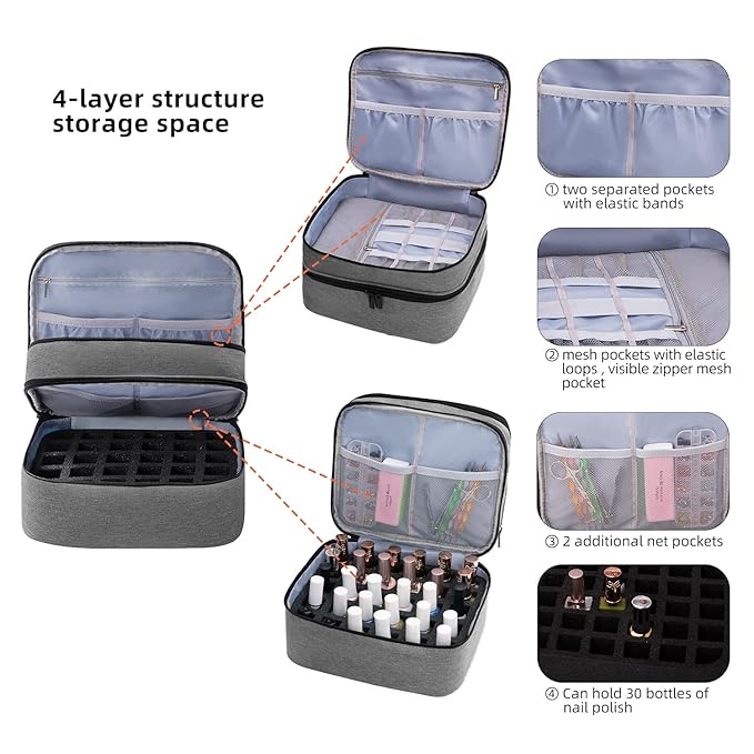 AGX Bravo Travel Nail Polish Organizer Double Layer Carrying Case for Fingernail Polish, Holds 30 Bottles with Dividers Portable Large Storage Case for Gel Nail Polish Holder, Grey (BAG ONLY)