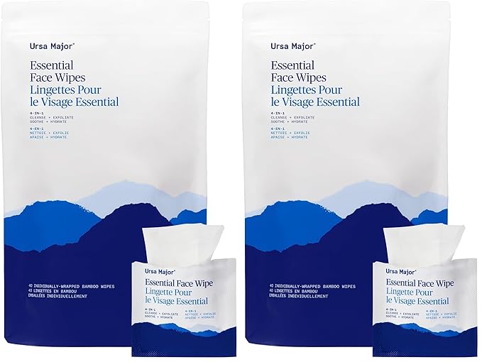 Ursa Major Essential Face Wipes | Natural, Biodegradable, Cruelty-Free | Cleanse, Exfoliate, Soothe and Hydrate | Individually Wrapped | 40 count (Pack of 2)