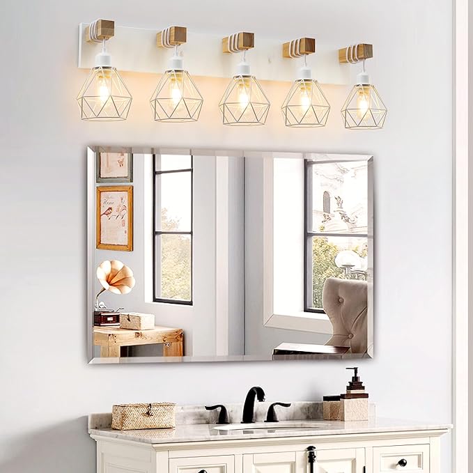 White Bathroom Vanity Light Fixtures, 5-Light Wood Bathroom Light Fixtures Over Mirror, Rustic Sconces Wall Lighting with Elegant Metal Lampshade for Living Room, Bedroom, Hallway