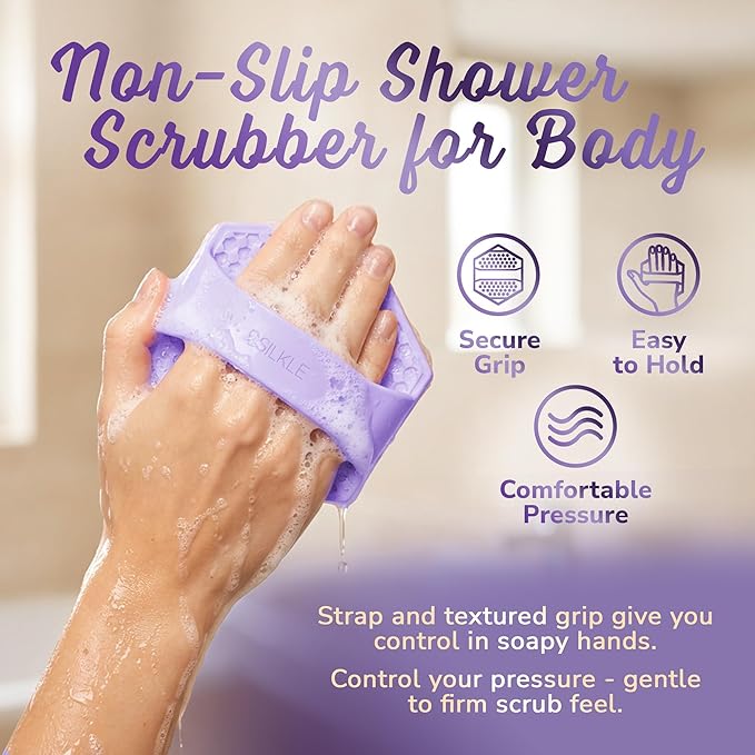 Silicone Body Scrubber – Gentle Exfoliating Shower Scrubber for Body & Bath, Silicone Shower Brush & Loofah Alternative – Non-Slip Silicone Body Brush, Quick Dry, Hygienic - Purple