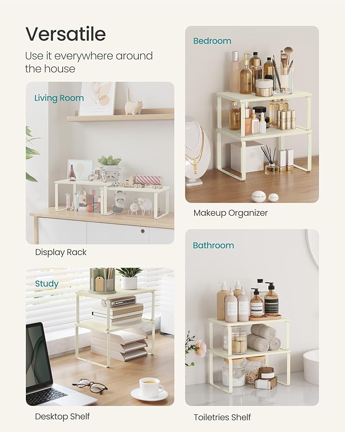 SONGMICS Cabinet Organizer Shelf, Set of 2 Kitchen Counter Shelves, Kitchen Storage, Spice Rack, Stackable, Expandable, Metal and Engineered Wood, 11.7 Inches, Cream White UKCS002W02