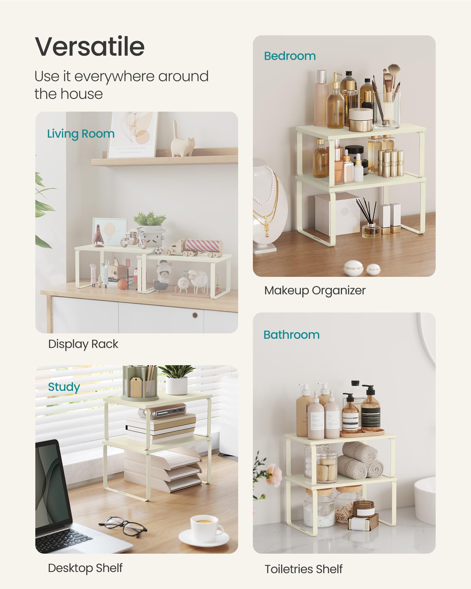 SONGMICS Cabinet Organizer Shelf, Set of 2 Kitchen Counter Shelves, Kitchen Storage, Spice Rack, Stackable, Expandable, Metal and Engineered Wood, 11.7 Inches, Cream White UKCS002W02