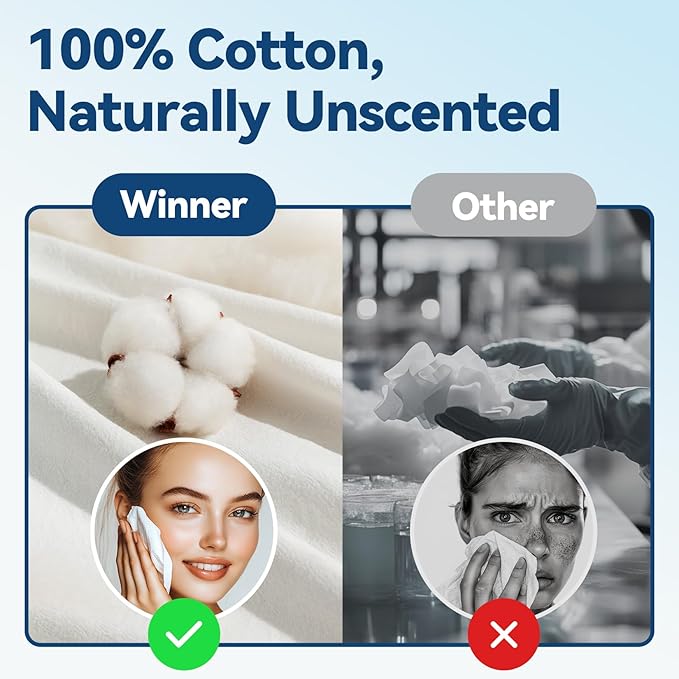 Winner Soft Face Towels, 100% USDA Biobased Facial Towels, Unscented for Sensitive Skin, OEKO-TEX Certified Face Towelettes Disposable, Makeup Remover Dry Wipes, 300 Count, Pack of 3