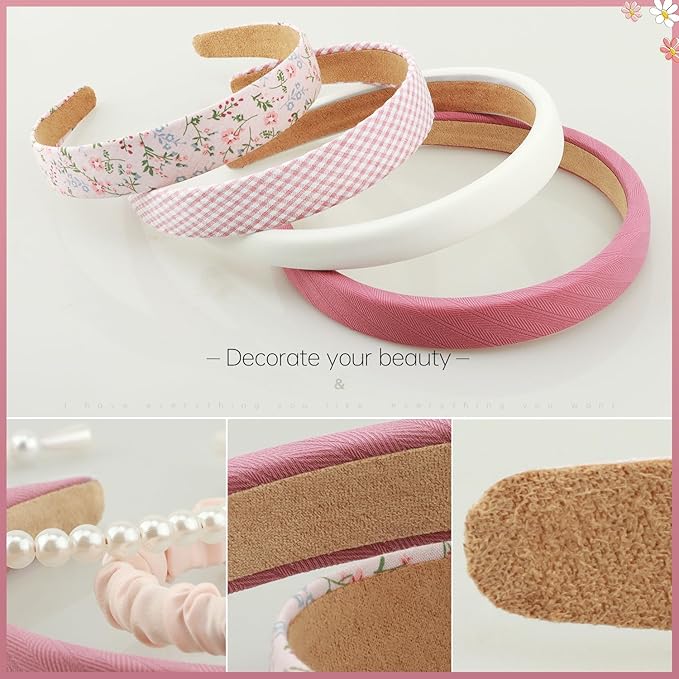 DOXISHRUKY Headbands for Women Girls, 7pc Set - Non Slip Floral Padded Headbands Cute Pearl Headband for Girls Vintage Wide Headband
