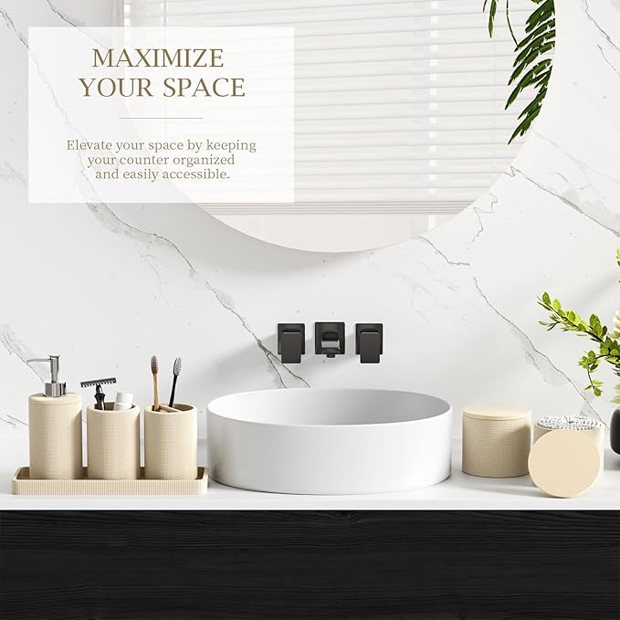 InnJoey 6-Piece Beige Bathroom Set - Mesh Textured Resin Bathroom Accessories Set with Soap Dispenser, Toothbrush Holder, Cup, Vanity Tray & Apothecary Jars for Small Spaces