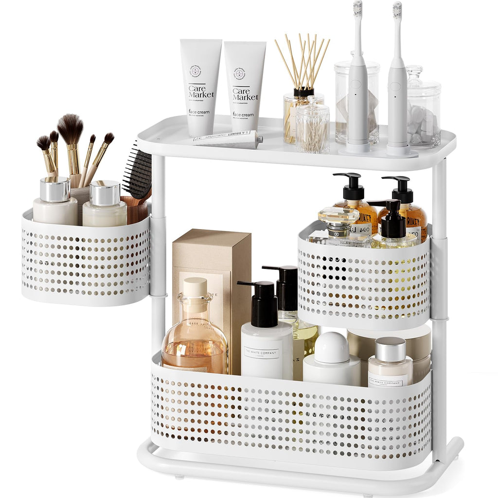 KINGRACK Metal Bathroom Counter Organizer，Rotating Countertop Storage Shelf | 3 Tier, Vanity Tray for Makeup & Skincare, Space-Saving Shelf for Bathroom, Kitchen, Baby Bottle Station, White