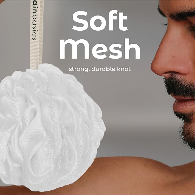 MainBasics Shower Loofah Sponge Pouf, Set of 3, Snow White
