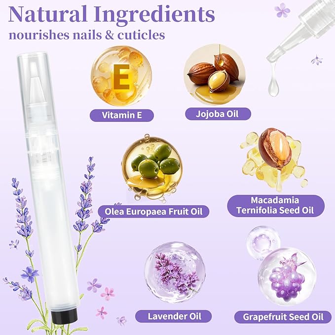 RAQEHO Refillable Cuticle Oil Pen - 1 Empty Nail Oil Pen with 10 x 1.8ml Queeze Cuticle Oil Stick with Vitamin E Jojoba Oil Softener Moisturizer Growth Strength Repair for Thin Damaged Nails（Lavender）